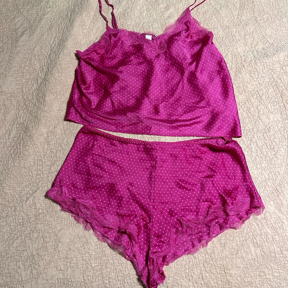 Victoria's Secret Fuchsia Polka Dot Lace Pajama Set